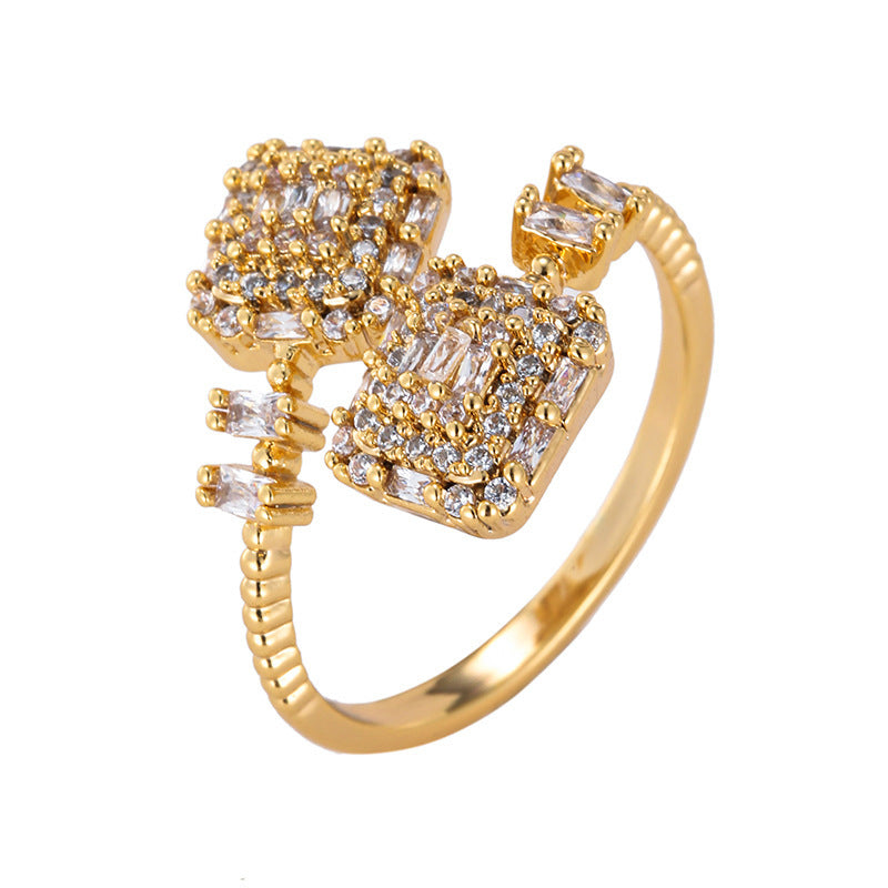 Simple Style Double Ring For Women, Copper Electroplated With Zircon Inlay