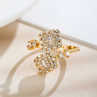 Simple Style Double Ring For Women, Copper Electroplated With Zircon Inlay