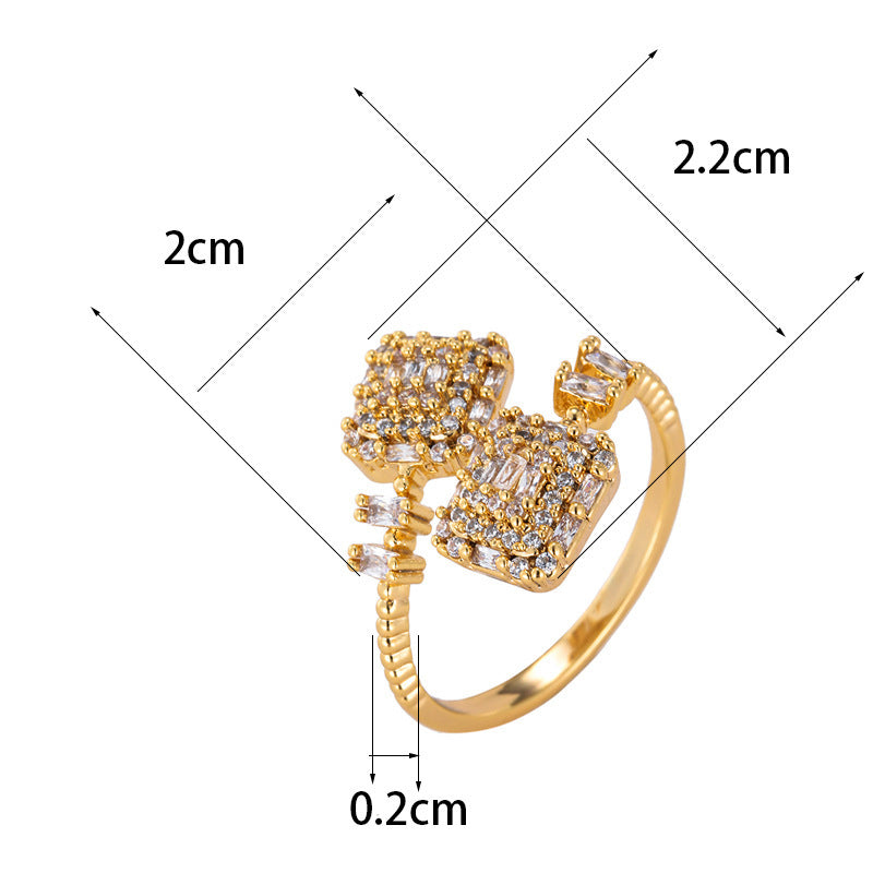 Simple Style Double Ring For Women, Copper Electroplated With Zircon Inlay