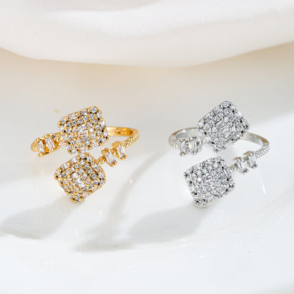 Simple Style Double Ring For Women, Copper Electroplated With Zircon Inlay