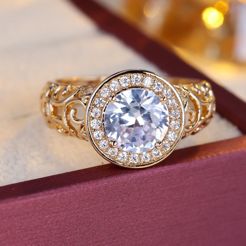 Vintage Style Rose Copper Ring For Women With Zircon Inlay In Gold