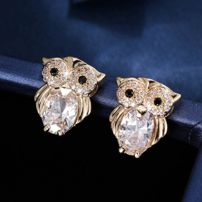 Owl Stud Earrings For Women In Gold Featuring Copper Posts And Zircon Inlay