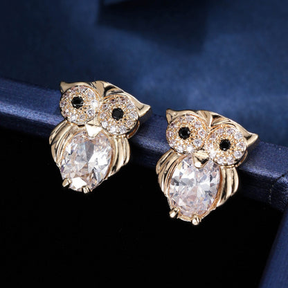 Owl Stud Earrings For Women In Gold Featuring Copper Posts And Zircon Inlay