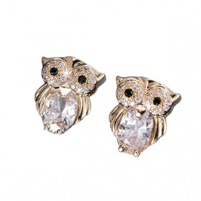 Owl Stud Earrings For Women In Gold Featuring Copper Posts And Zircon Inlay