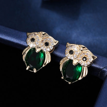 Owl Stud Earrings For Women In Gold Featuring Copper Posts And Zircon Inlay
