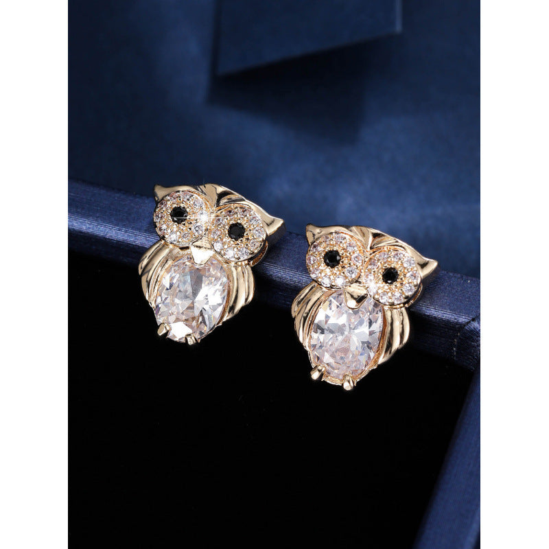 Owl Stud Earrings For Women In Gold Featuring Copper Posts And Zircon Inlay