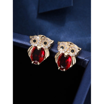 Owl Stud Earrings For Women In Gold Featuring Copper Posts And Zircon Inlay