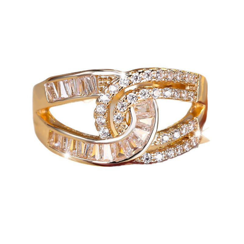 Double Ring For Women In Gold Copper With Zircon Inlay, Perfect For Spring