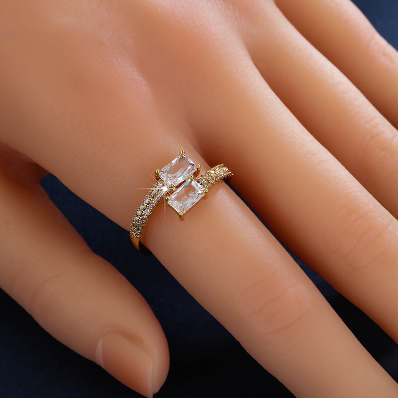 Geometric Open Ring For Women In Copper With Zircon Inlay And Bezel Setting, Available In Gold