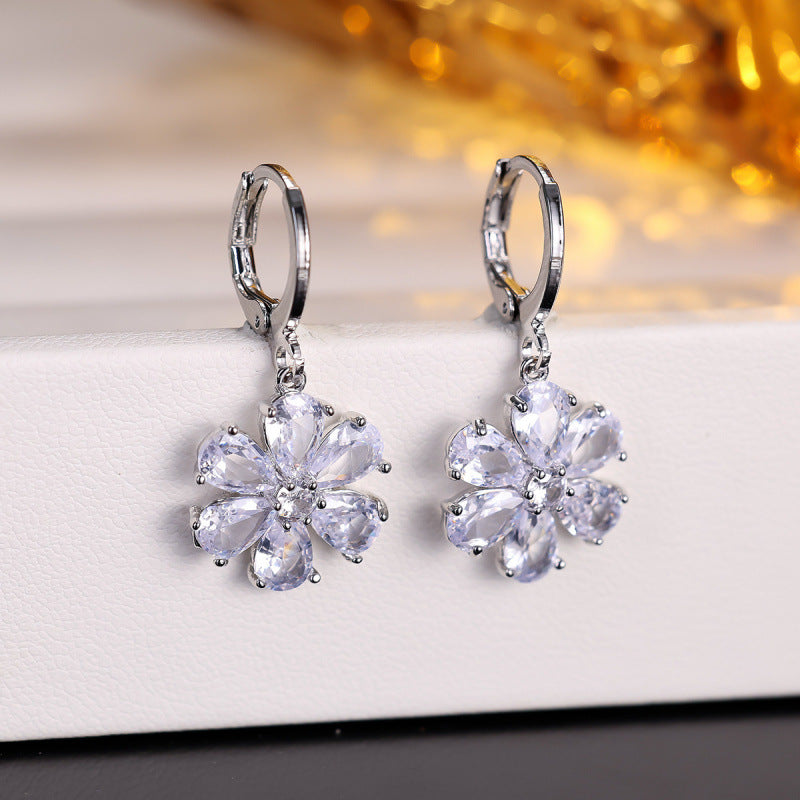 Silver Flowers Earrings For Women Featuring Copper Ear Pins And Zircon Inlay Material