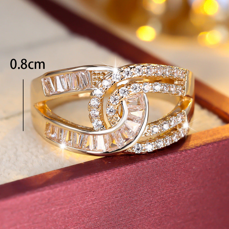 Double Ring For Women In Gold Copper With Zircon Inlay, Perfect For Spring