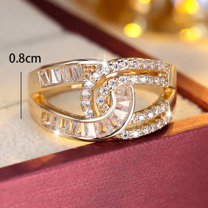 Double Ring For Women In Gold Copper With Zircon Inlay, Perfect For Spring