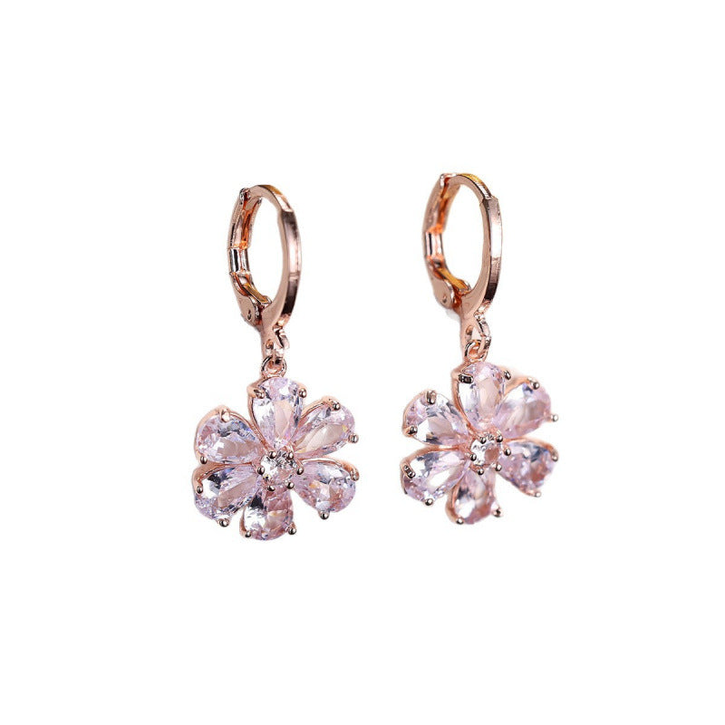 Silver Flowers Earrings For Women Featuring Copper Ear Pins And Zircon Inlay Material