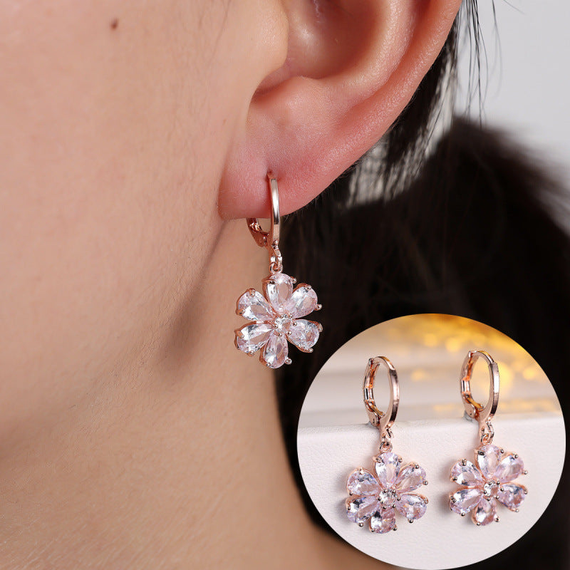 Silver Flowers Earrings For Women Featuring Copper Ear Pins And Zircon Inlay Material