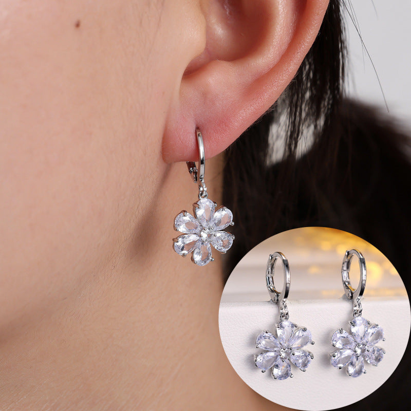 Silver Flowers Earrings For Women Featuring Copper Ear Pins And Zircon Inlay Material