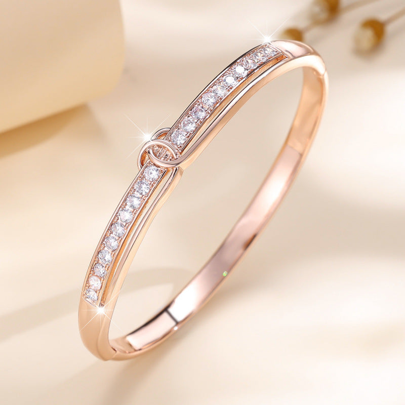 Women's Copper Bangle With Zircon Inlay In Gold, Perfect For Daily Wear