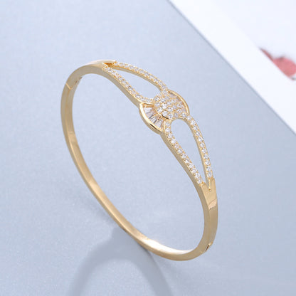 Luxurious Geometric Bangle In Copper With Electroplated Gold And Platinum Plated Finish Featuring Zirconia Inlay
