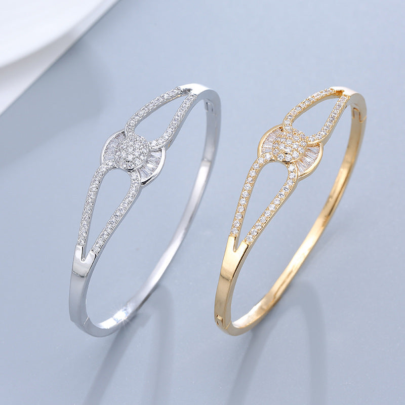 Luxurious Geometric Bangle In Copper With Electroplated Gold And Platinum Plated Finish Featuring Zirconia Inlay