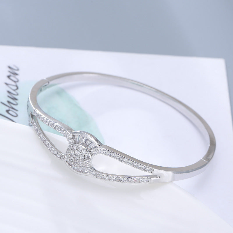 Luxurious Geometric Bangle In Copper With Electroplated Gold And Platinum Plated Finish Featuring Zirconia Inlay