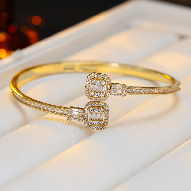 Vintage Style Inlay Bangle In Gold Electroplated Copper With Zircon Detailing