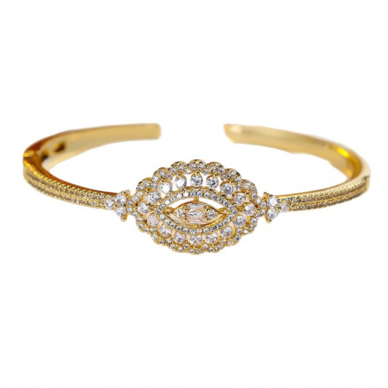 Elegant Brass Inlay Bangle With Zircon, Gold Color, Perfect For Date Occasions