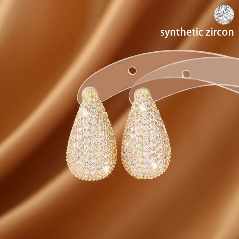 Water Droplets Stud Earrings For Women Featuring Copper Posts And Sparkling Rhinestones Inlay