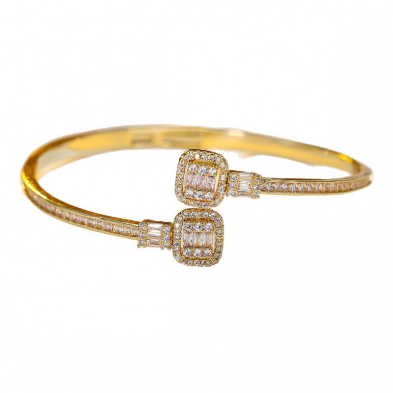Vintage Style Inlay Bangle In Gold Electroplated Copper With Zircon Detailing