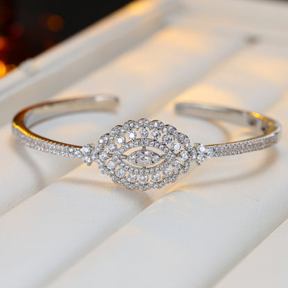 Elegant Brass Inlay Bangle With Zircon, Gold Color, Perfect For Date Occasions