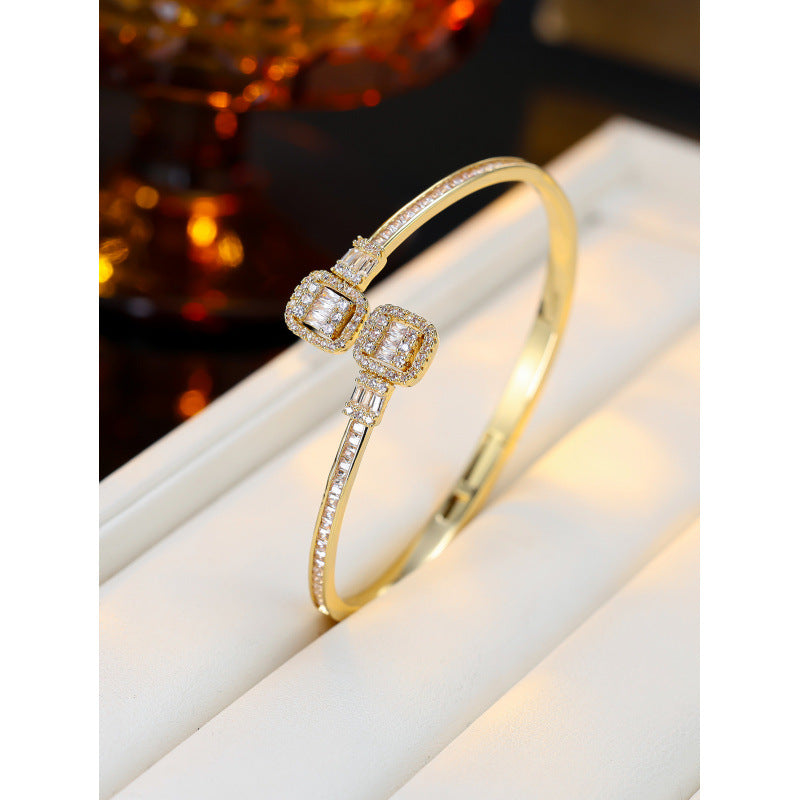 Vintage Style Inlay Bangle In Gold Electroplated Copper With Zircon Detailing