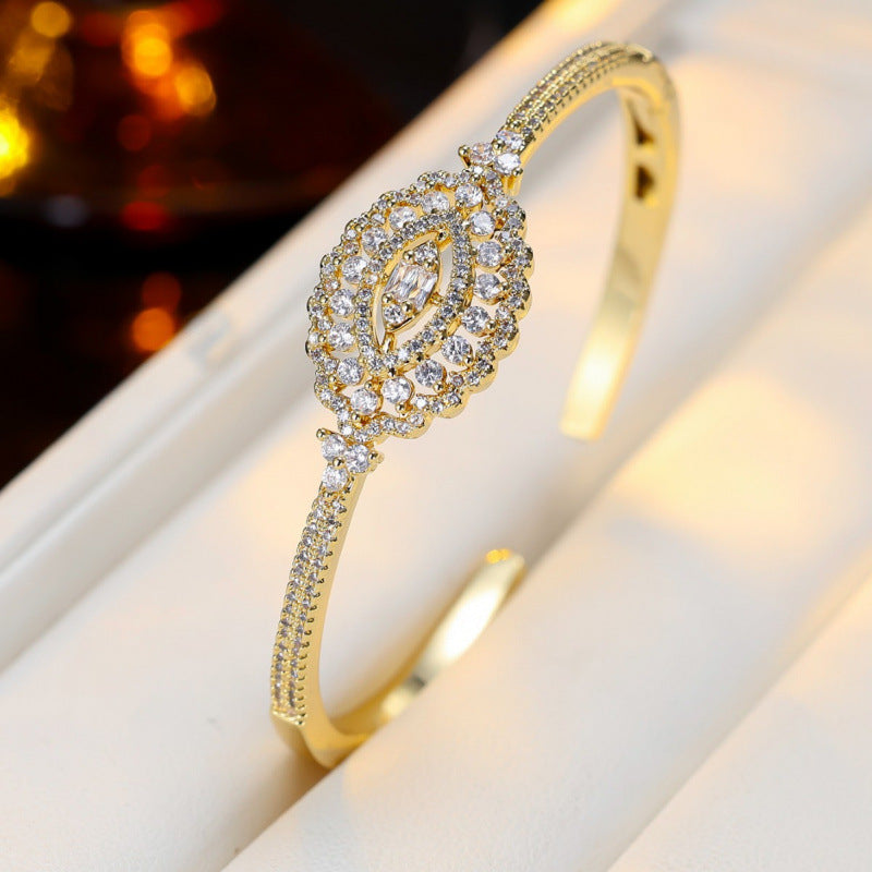 Elegant Brass Inlay Bangle With Zircon, Gold Color, Perfect For Date Occasions