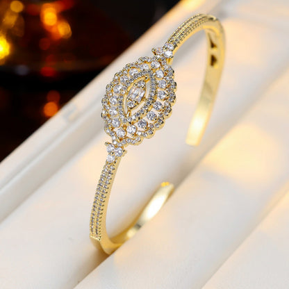 Elegant Brass Inlay Bangle With Zircon, Gold Color, Perfect For Date Occasions