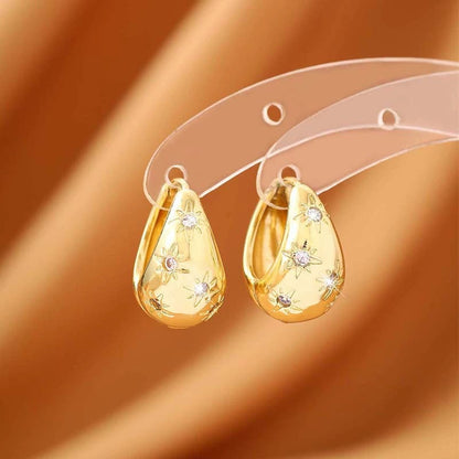 Water Droplets Stud Earrings For Women In Electroplated Copper With Rhinestones Inlay