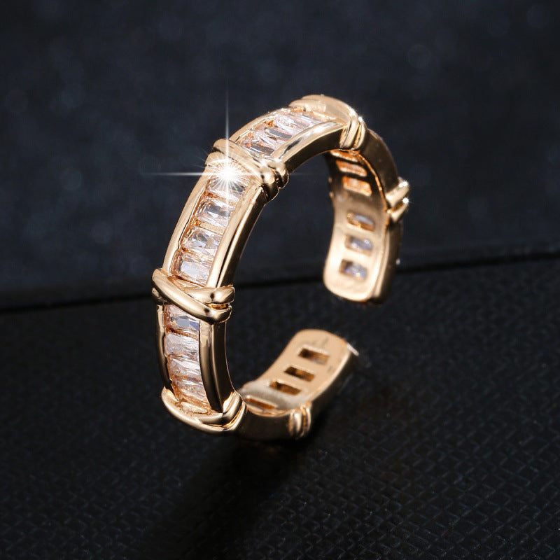 Waterproof Non Tarnish Real Gold Plated Copper Crossover Open Ring For Women With Zircon Inlay