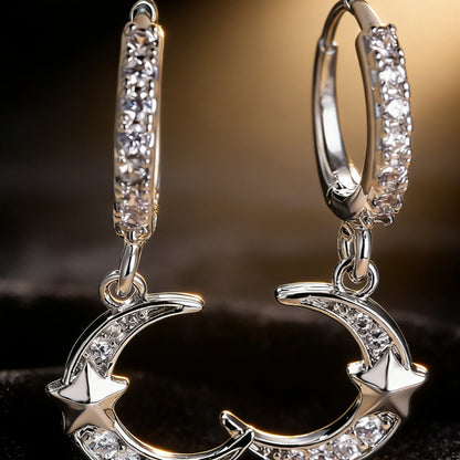 Moon Drop Earrings For Women In Real Gold Plated Copper With Zircon Inlay, Elegant Gold Jewelry