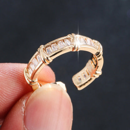 Waterproof Non Tarnish Real Gold Plated Copper Crossover Open Ring For Women With Zircon Inlay