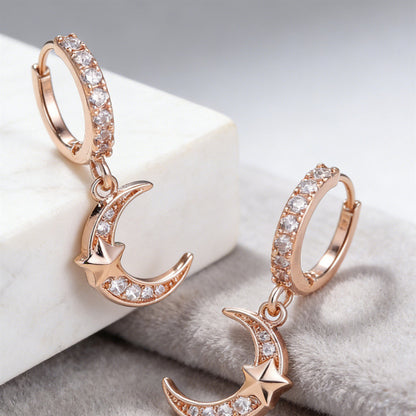 Moon Drop Earrings For Women In Real Gold Plated Copper With Zircon Inlay, Elegant Gold Jewelry