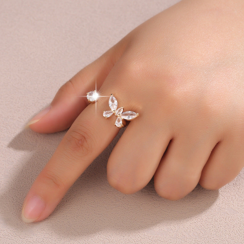 Elegant Butterfly Open Ring For Women In Electroplated Copper With Zircon Inlay
