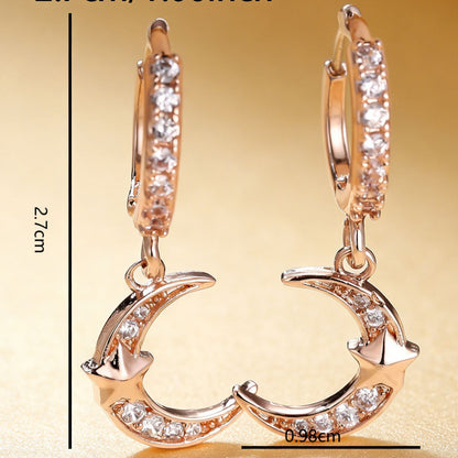 Moon Drop Earrings For Women In Real Gold Plated Copper With Zircon Inlay, Elegant Gold Jewelry