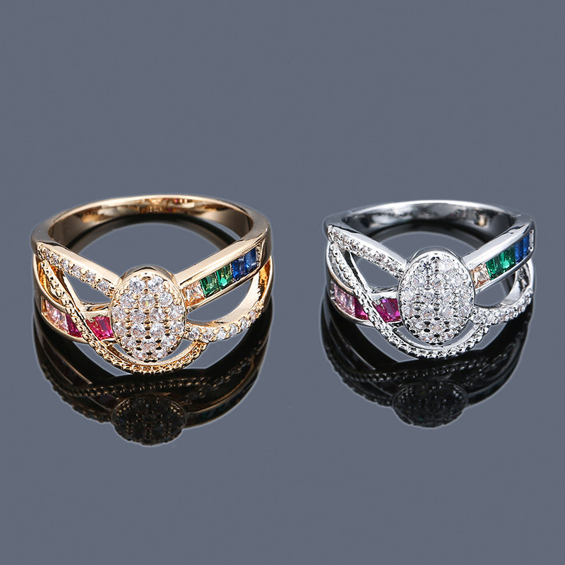 Oval Zircon Copper Ring For Women With White Electroplated Gold Plating