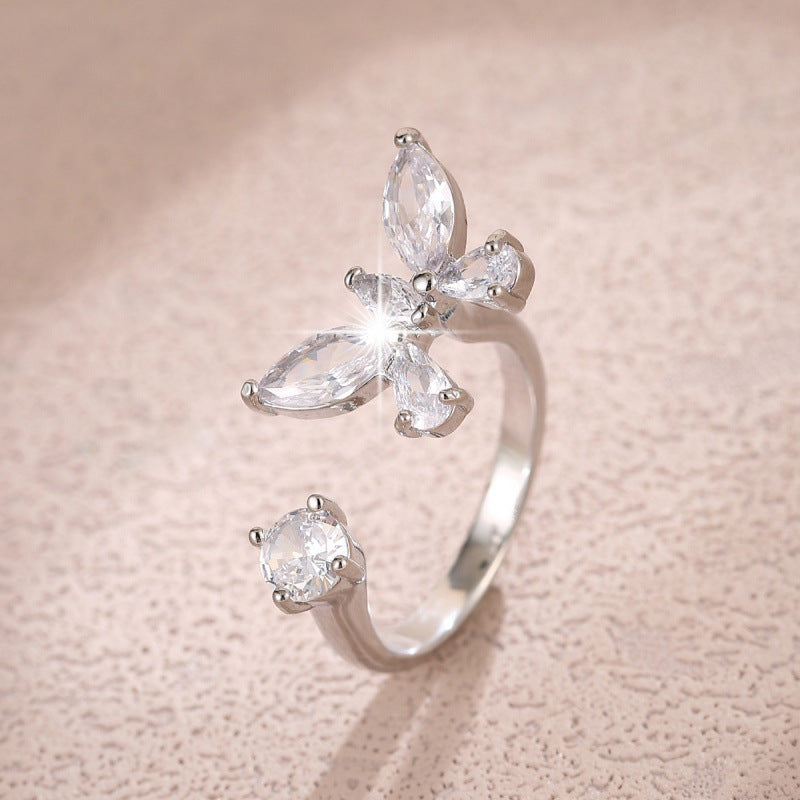 Elegant Butterfly Open Ring For Women In Electroplated Copper With Zircon Inlay