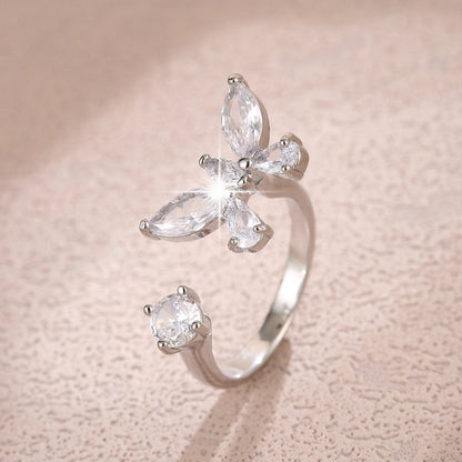 Elegant Butterfly Open Ring For Women In Electroplated Copper With Zircon Inlay