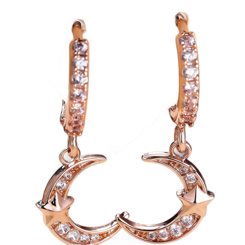 Moon Drop Earrings For Women In Real Gold Plated Copper With Zircon Inlay, Elegant Gold Jewelry