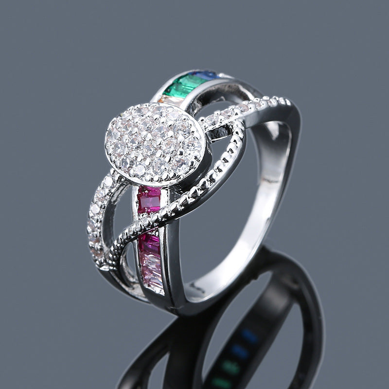 Oval Zircon Copper Ring For Women With White Electroplated Gold Plating