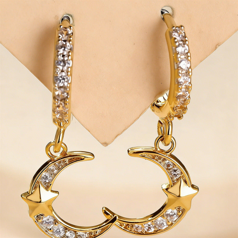 Moon Drop Earrings For Women In Real Gold Plated Copper With Zircon Inlay, Elegant Gold Jewelry