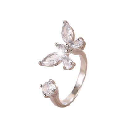 Elegant Butterfly Open Ring For Women In Electroplated Copper With Zircon Inlay