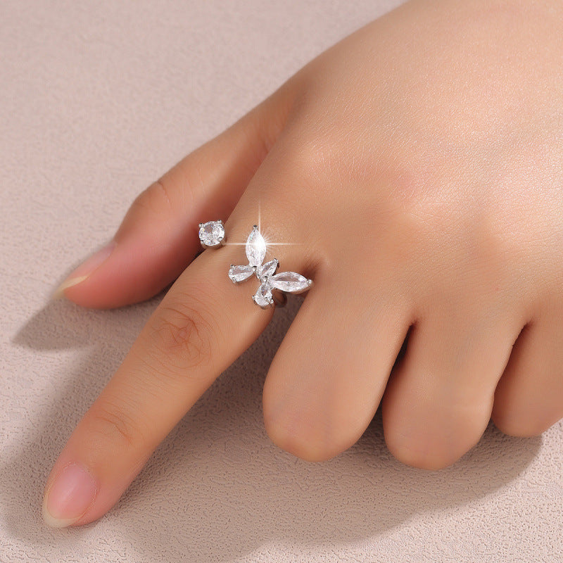 Elegant Butterfly Open Ring For Women In Electroplated Copper With Zircon Inlay