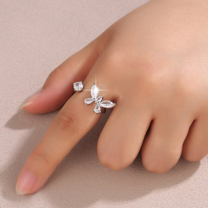 Elegant Butterfly Open Ring For Women In Electroplated Copper With Zircon Inlay
