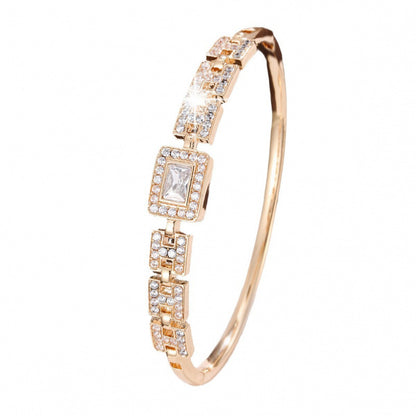 Simple Style Geometric Inlay Bangle In Copper With Zircon, Electroplated Gold Plating Process