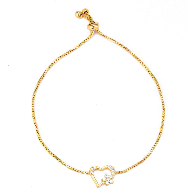 Heart Shape Copper Bracelet For Women In With Electroplated Gold Plating And Rhinestone Inlay