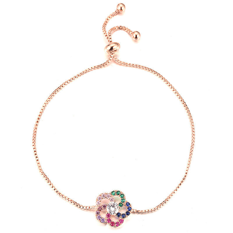 Flowers Bracelet For Women In Copper With Electroplated Gold Plating And Zircon Inlay